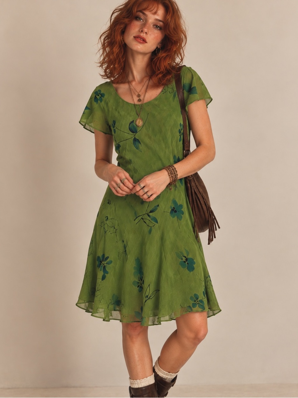 Vintage 90s Karin Stevens Green Rayon Floral Dress Fairycore Whimsigoth Sz 12